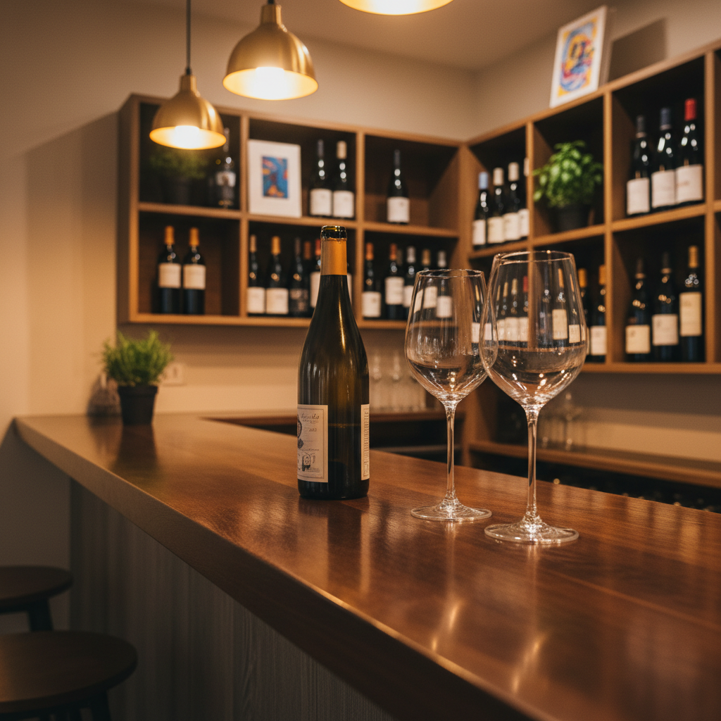An intimate corner of L’Hybride’s wine bar, showing a slender, dark-stained wooden bar top with a luxurious satin finish, holding a single open bottle of natural wine and two empty crystal glasses with fine stems, slightly angled toward each other. In the background, built-in shelves showcase a curated selection of wine bottles, interspersed with a few small potted herbs and art books, all softly blurred. Ambient warm pendant lights hang above, casting golden pools of light and subtle reflections on the glass. Captured in photographic realism from a low, bar-level perspective with shallow depth of field, the mood is cozy, cultured, and perfect for slow, thoughtful tasting in a French village setting.